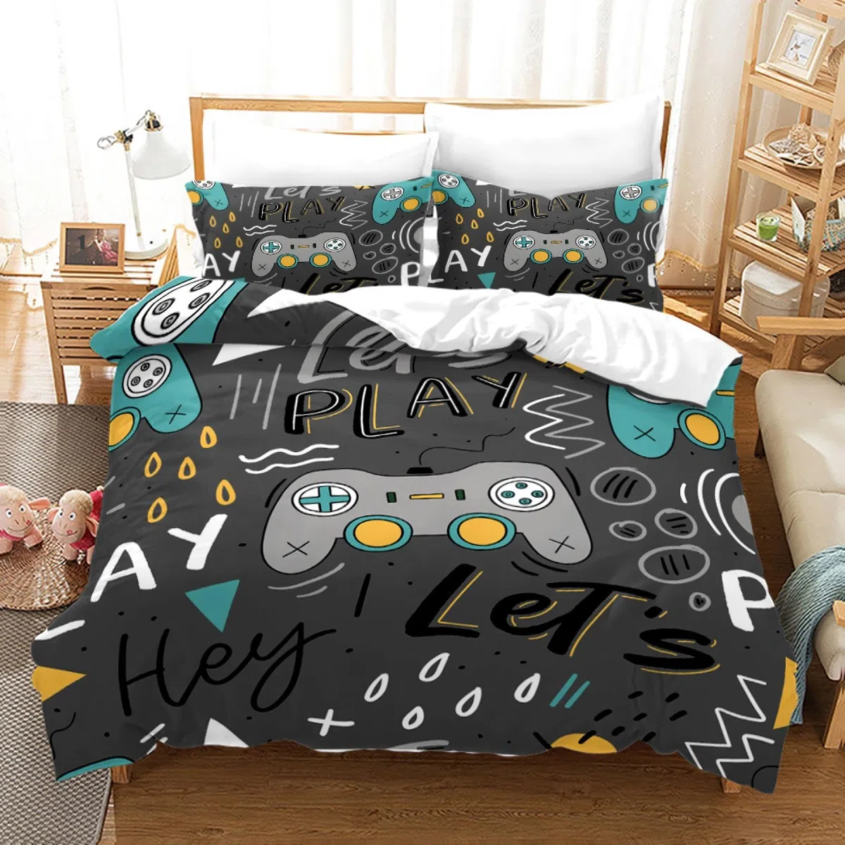 Juego de Funda nórdica Gamer Room Decor para niños, niños, Adolescentes, Videojuegos, Juego de Cama Doble, Gamepad Decor, Funda nórdica de 3 Piezas 140x200cm