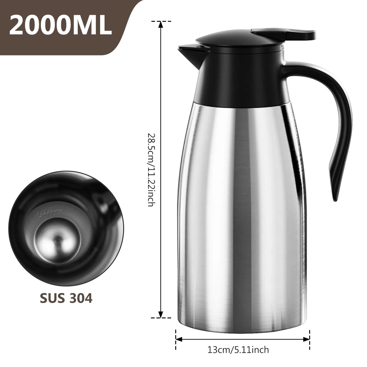 2 Litros Jarra Termica, Jarra Termo, Jarra Cafe, Hervidores Al Vacío Aislados, Se Mantiene Caliente Durante 24 Horas Para Hervidores, Teteras Y Cafeteras Para Mantener Bebidas Calientes