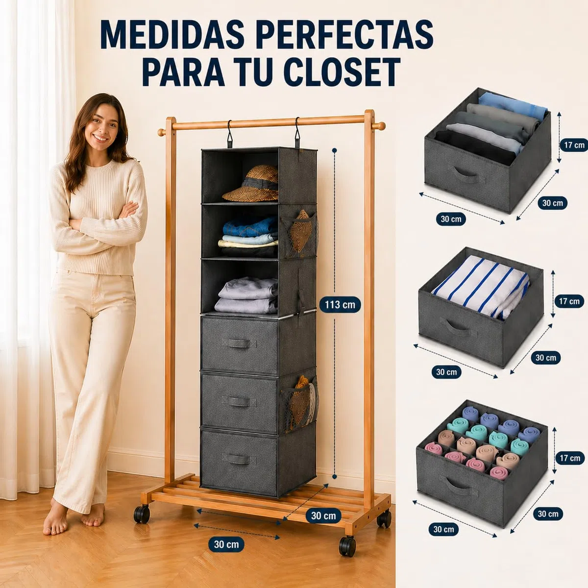 Armario Colgante 6 Baldas con 3 Cajones, Separable en 2 Módulos, Baldas Reforzadas Anti-hundimiento, Estantería Tela Plegable para Ropa, Sistema Vertical de Almacenaje