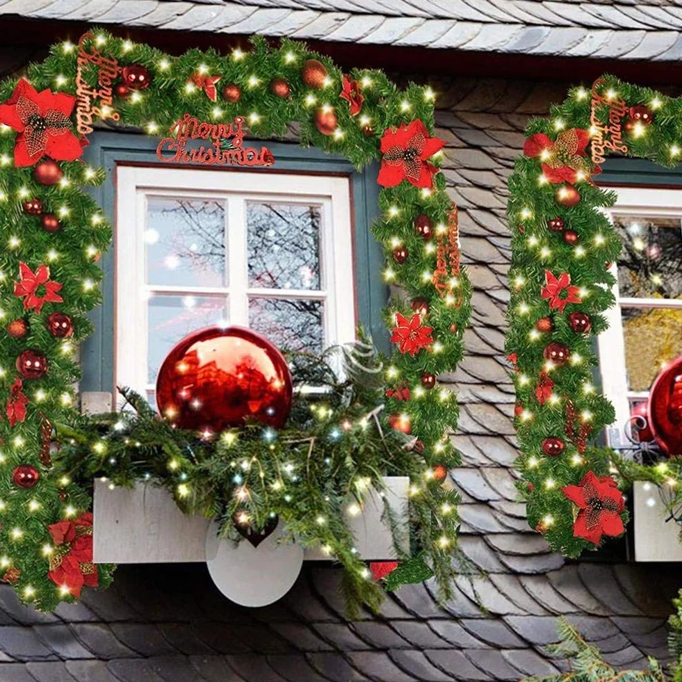 Queta - Guirnalda de árbol para decoración de Navidad, Guirnalda con Bolas de Corona de Flores, Bola con luz LED para Puerta de Entrada, 270 cm (Rojo)