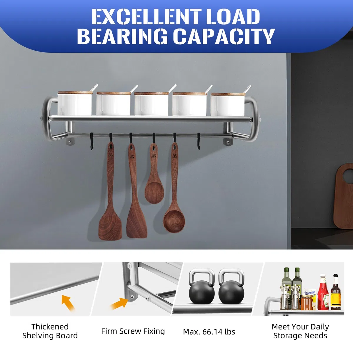 Soporte de pared para microondas, estante para microondas, con 6 ganchos, acero inoxidable hasta 30 kg, soporte de pared de almacenamiento de cocina, para colocar diversos objetos y