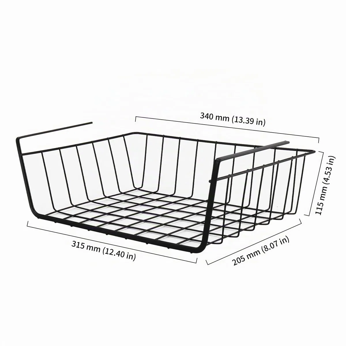 4 unidades de cestas de almacenamiento para debajo de la estantería, cesta colgante de metal, cesta colgante de metal, color negro, para cocina, oficina, despensa, baño, armario