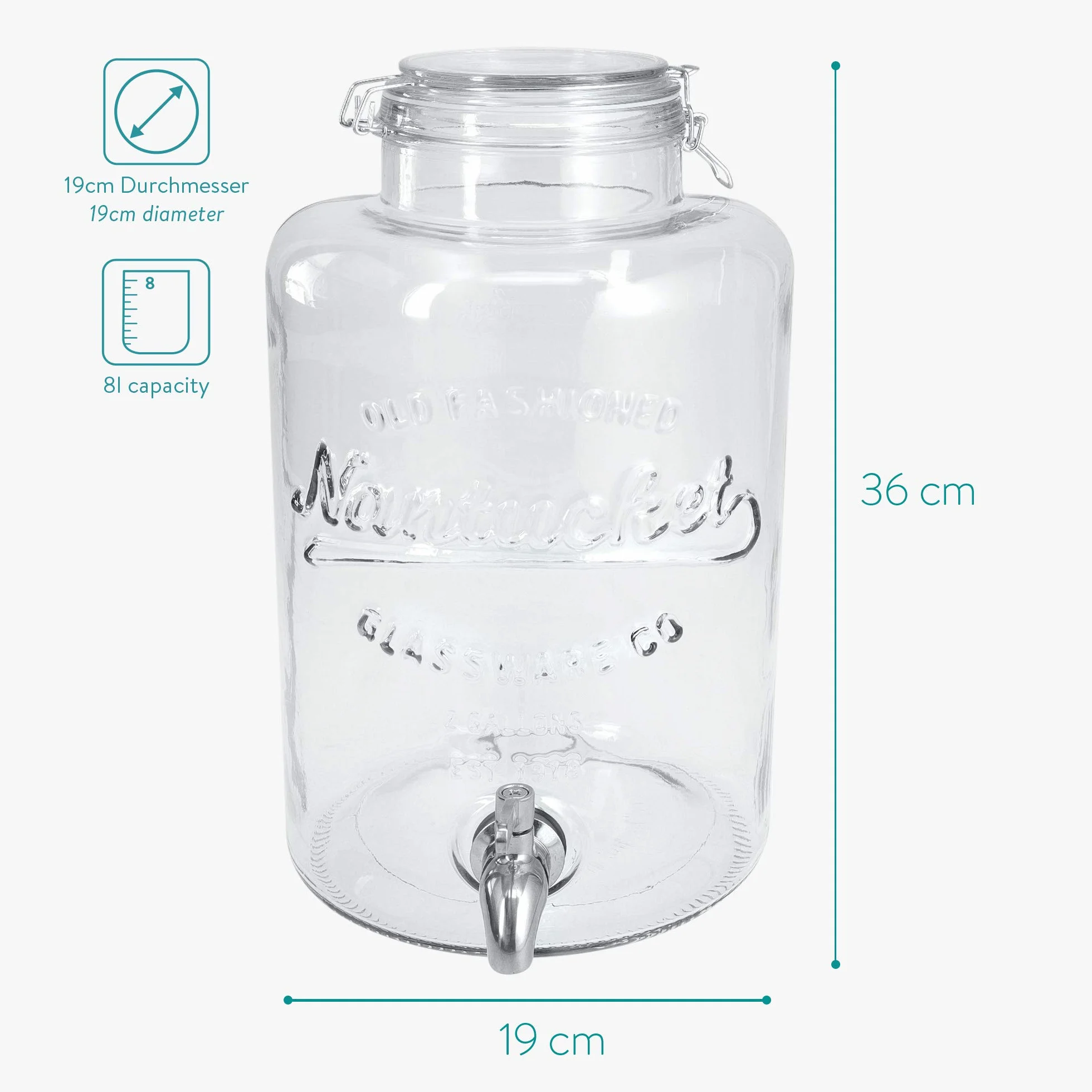 Navaris Dispensador de Bebidas con Grifo 8L - Recipiente de Vidrio con Tapa y Cierre Giratorio de Acero Inoxidable - Agua Jugo Vino Sangria