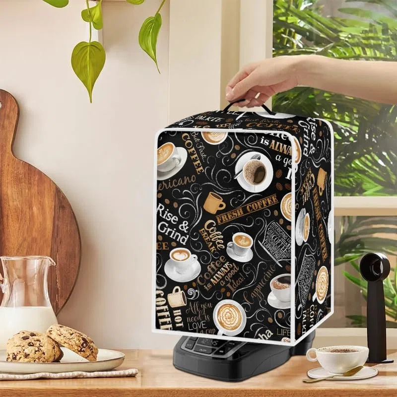 Funda para cafetera temática de café, color blanco, tamaño universal, color marrón, 2 tamaños para electrodomésticos y herramientas de oficina en casa