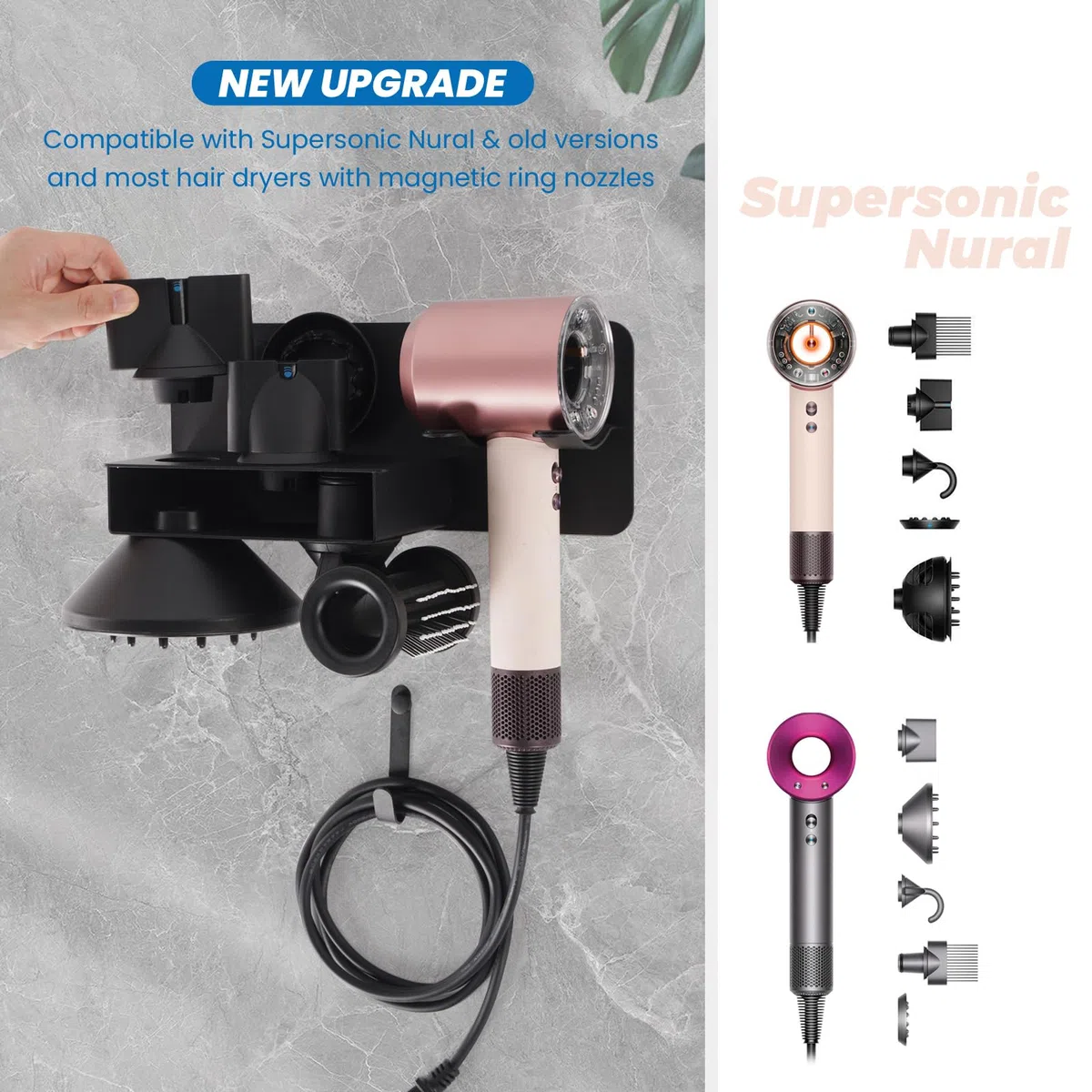 Soporte para Secador Sin Perforación, Soporte Secador de Pelo Compatible con Dyson Supersonic Nural, Soporte Secador de Metal, Acomodar 5 Boquillas