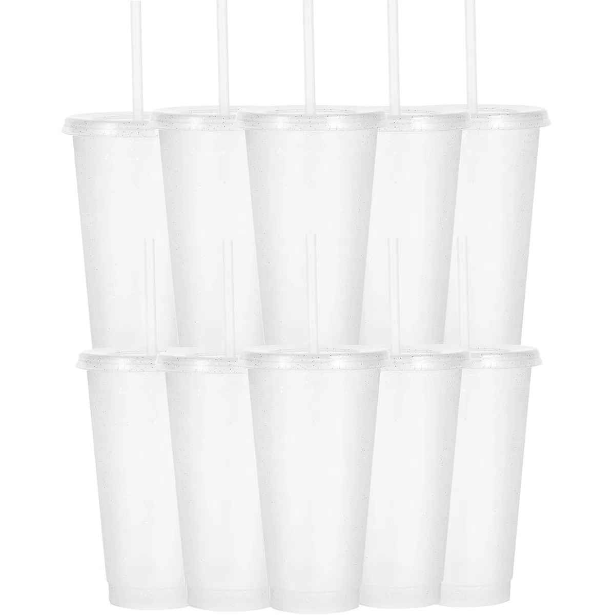 Vasos de plástico reutilizables de 24 onzas, paquete de 10 vasos fríos con tapa y popote, vasos de viaje para adultos y fiestas de señoras y playa, reuniones de piscina (10, transparente con
