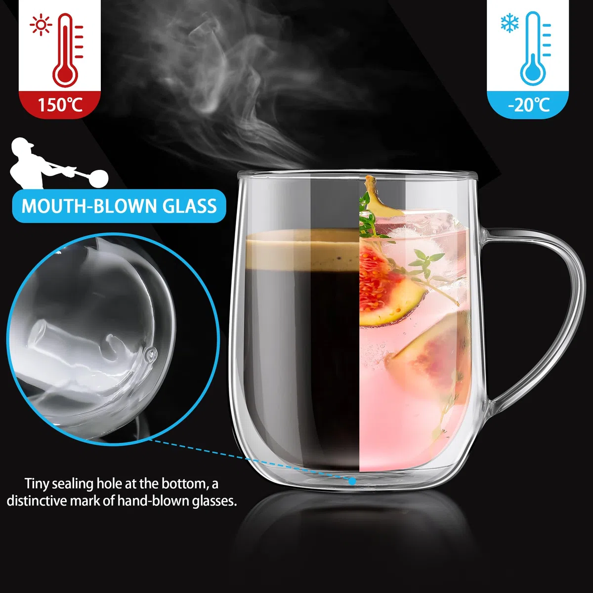 Joeyan 450ml Tazas de Café de Cristal Grande,Juego de 2 Tazas de Vidrio Borosilicato con Asa,Vaso Termico Frio de Doble Pared Transparente,para Té,Cerveza,Agua,Latte,Leche,Cappuccino,Macchiato,Sidra