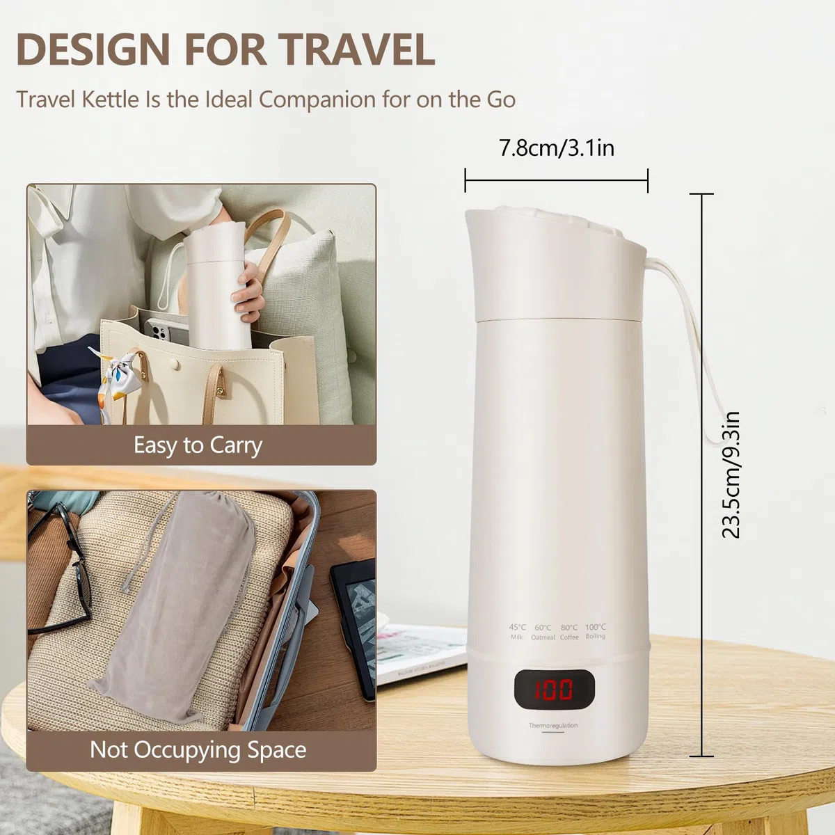 Pequeño hervidor de agua portátil, 400ML Hervidor de Viaje, 3 en 1 Mini Taza de Agua Eléctrica, 4-Temperaturas, Materiales Inoxidables, Apagado Automático, para Hacer Leche, Café y Té