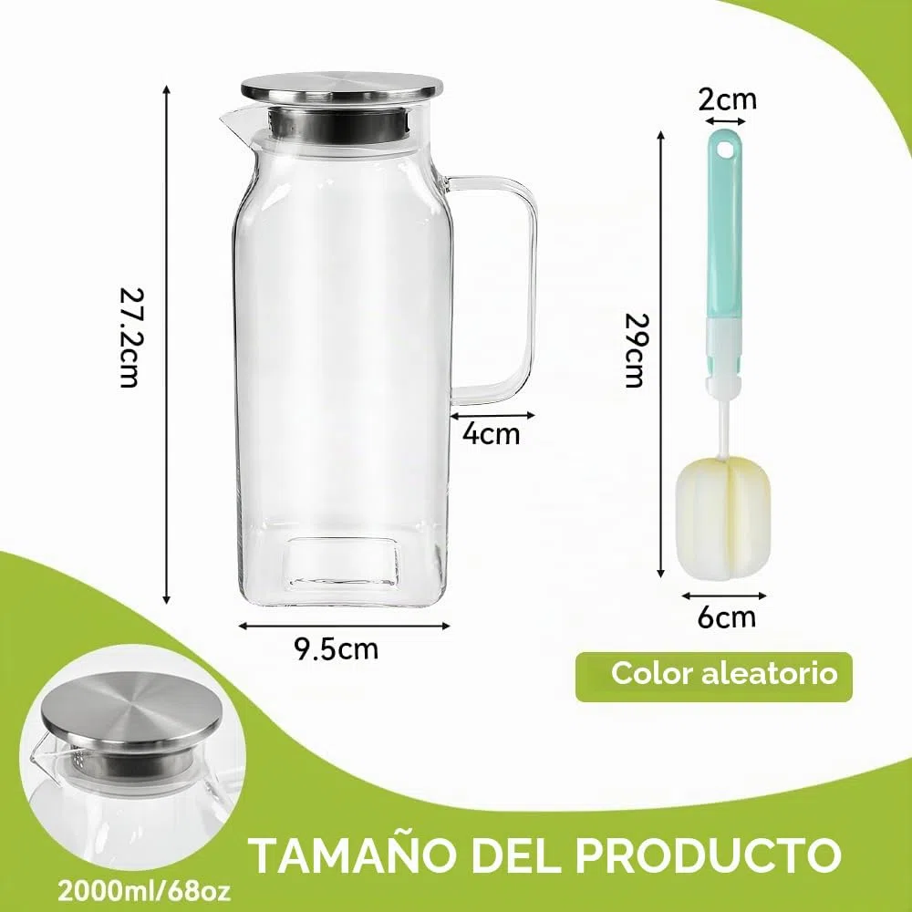 Jarra Agua Cristal Cuadrada con Tapa 2 Litros botella cristal de Borosilicato para Jugo, Agua Nevera y Frigorífico Jarra de Agua Vidrio 2L con Doble Vertido y Mango, 27,2x9,5cm + un Cepillo