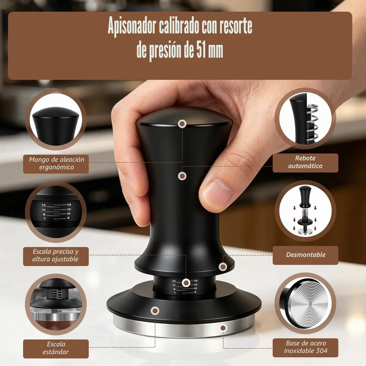Set de Accesorios para Espresso de 8 Piezas, para Máquinas Espresso | Prensador 51mm con Estación de Prensado, Nivelador, Herramienta WDT, Anillo Dosificador, Cepillo, Filtro Puck Screen, Varilla