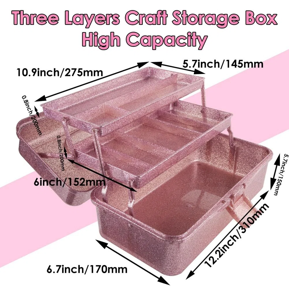 Caja de Almacenamiento de Herramientas para Manualidades y Color Rosa Brillante, Caja de Herramientas de Transporte Apilable de 3, Caja de Costura, Organizador para Arte