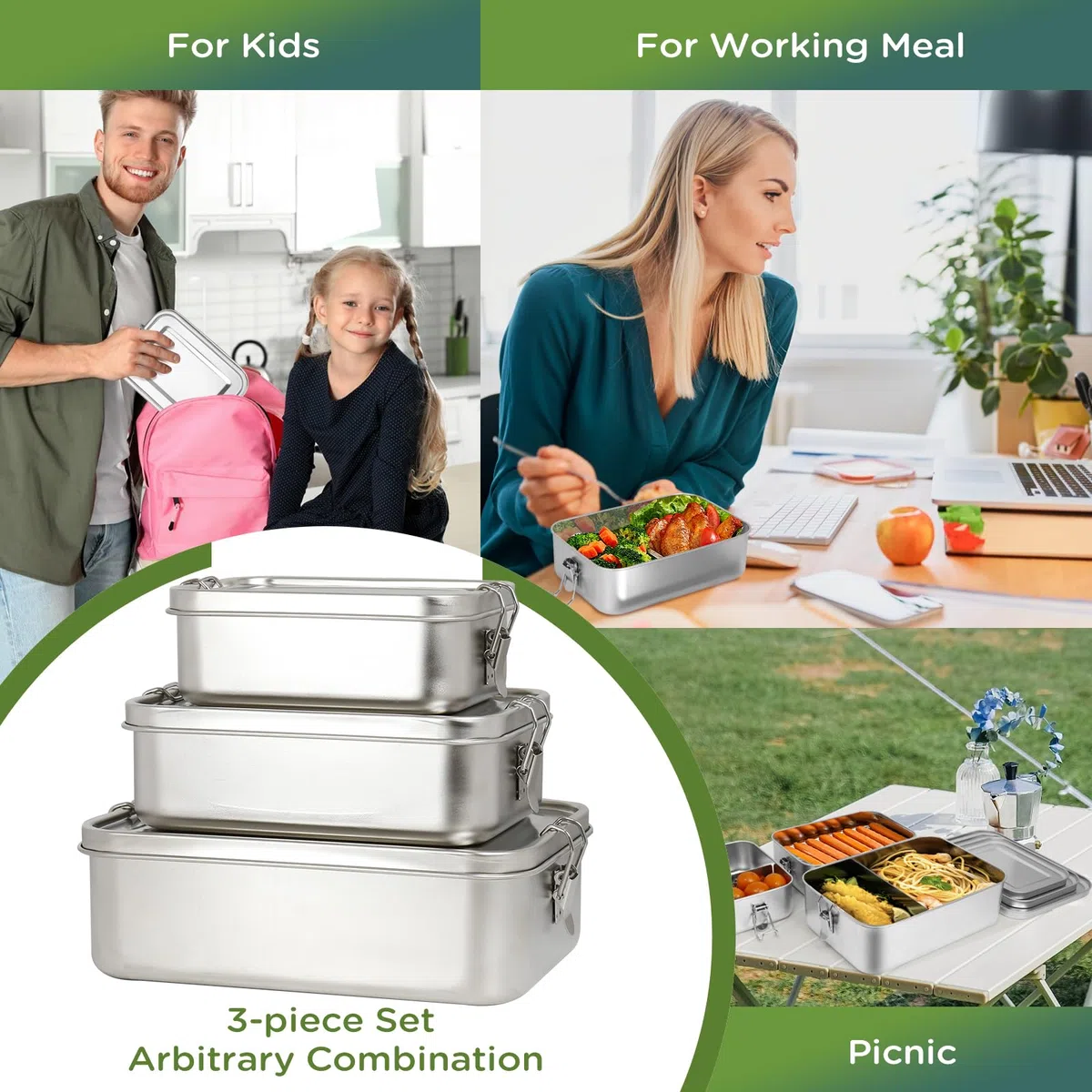 Juego de 3 cajas bento de acero inoxidable 304, con fiambrera de acero inoxidable en los volúmenes de 2400 ml, 1400 ml y 850 ml, fiambrera de acero inoxidable para sopa, ensalada y comidas