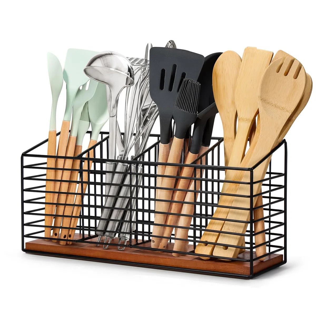 THYGIFTREE Soporte para utensilios para encimera de cocina, organizador de utensilios de cocina de metal negro con base de madera, utensilios de granja para encimera