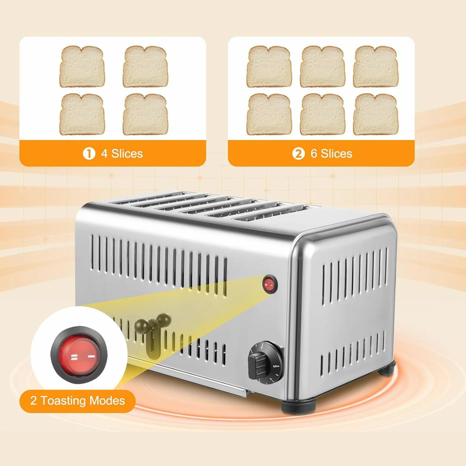 Tostadora Comercial de 2240 W, Tostadora de 6 Rebanadas, Tostadora Mejorada de Acero Inoxidable, Máquina para Hornear Pan Comercial, con Ranuras Anchas y Bandeja para Migas Extraíble