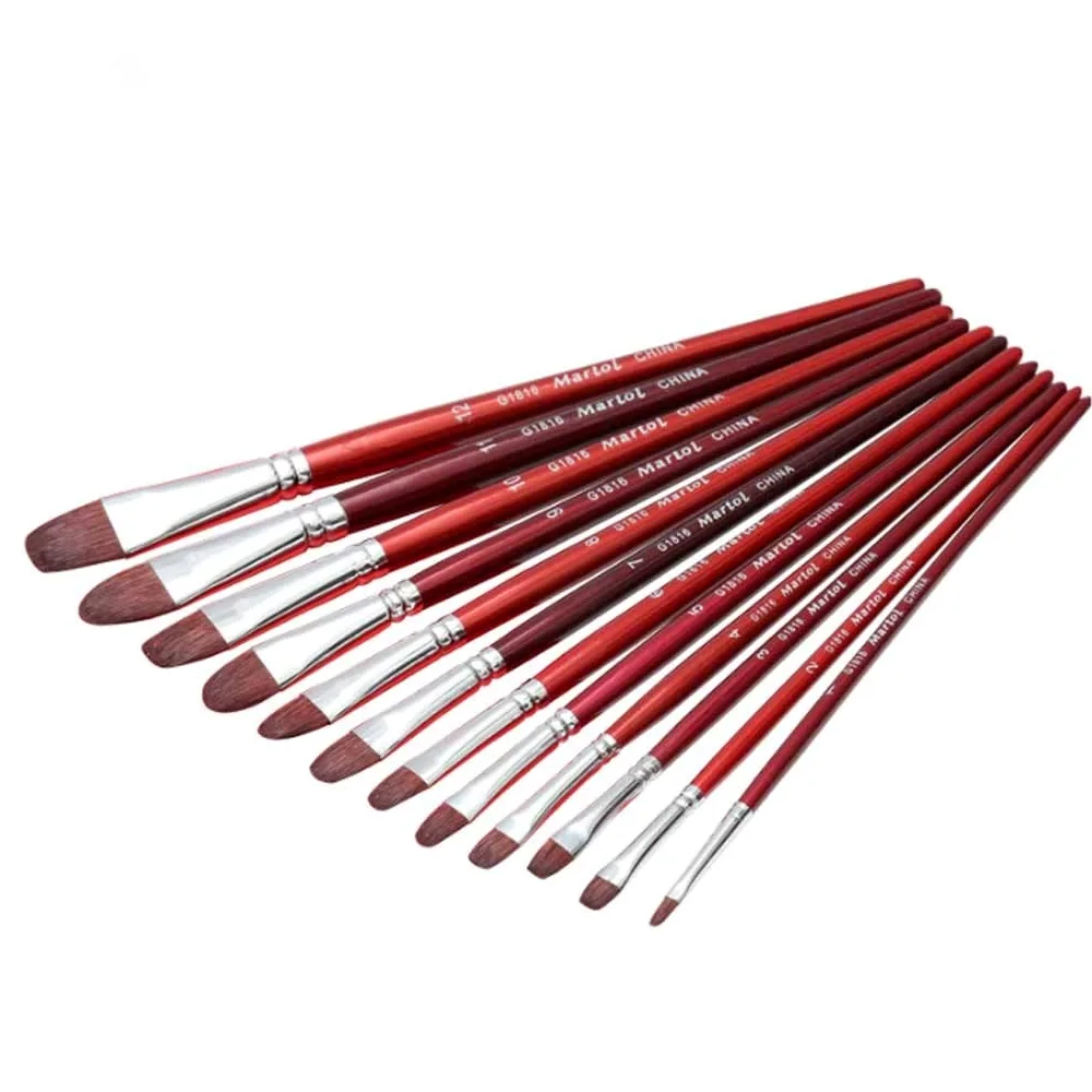 Pincel Plano de Pelo de Nailon para óleo, Juego de 12 Pinceles para Acuarela, Material Educativo Escolar.,