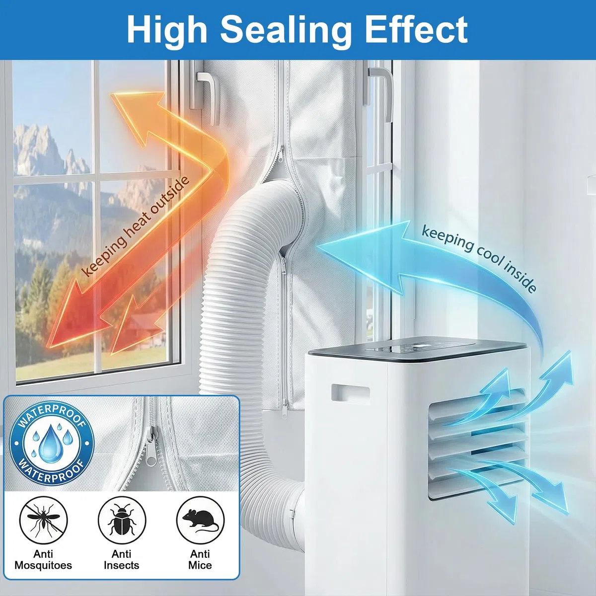 Sello de Ventana Universal, 400cm Junta de Ventana Portátil para Aires Acondicionados y Secadora de Muebles, Kit de Sellado para Aire Acondicionado con Cremallera Doble, Fácil Instalación