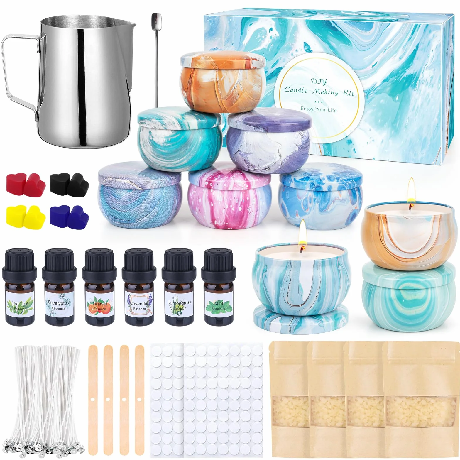 Kit de Fabricación para Velas,Kit para Hacer Velas,Kit Hacer Velas con 480g de Cera de Abeja,9 Frascos para Velas,6 Aceites Esenciales,8 Bloques de Color,Derretidor de Cera para Velas