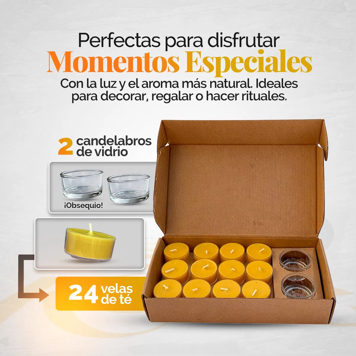 Velas de Miel, 100% Ecológicas. 96 horas de Luz Natural para Purificar Espacios, Hacer Ritual y Decorar. 24 Velas de Te + dos soportes de regalo, Con Aroma. (Velas decorativas 1.7x3.8cm)