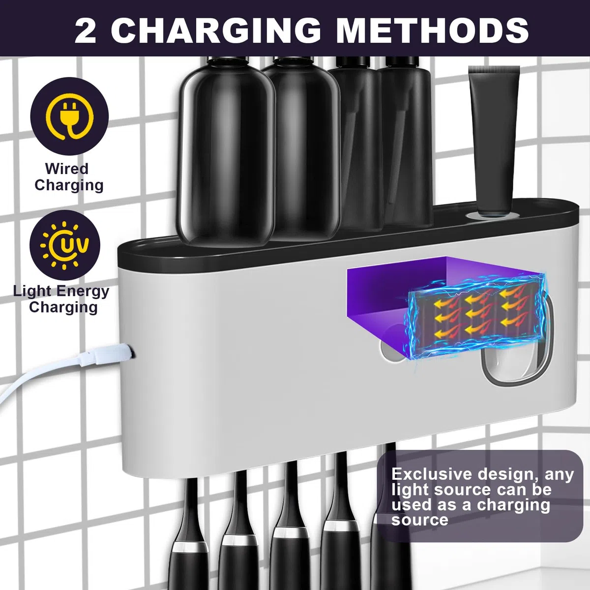Soporte Cepillo de Dientes UV para 5 Cepillos de Dientes, Esterilizador Cepillo Dientes de Pared, Carga de Energía Lumínica, Dispensador de Pasta de Dientes Eléctrico para 60 días con Una Sola (Gris)