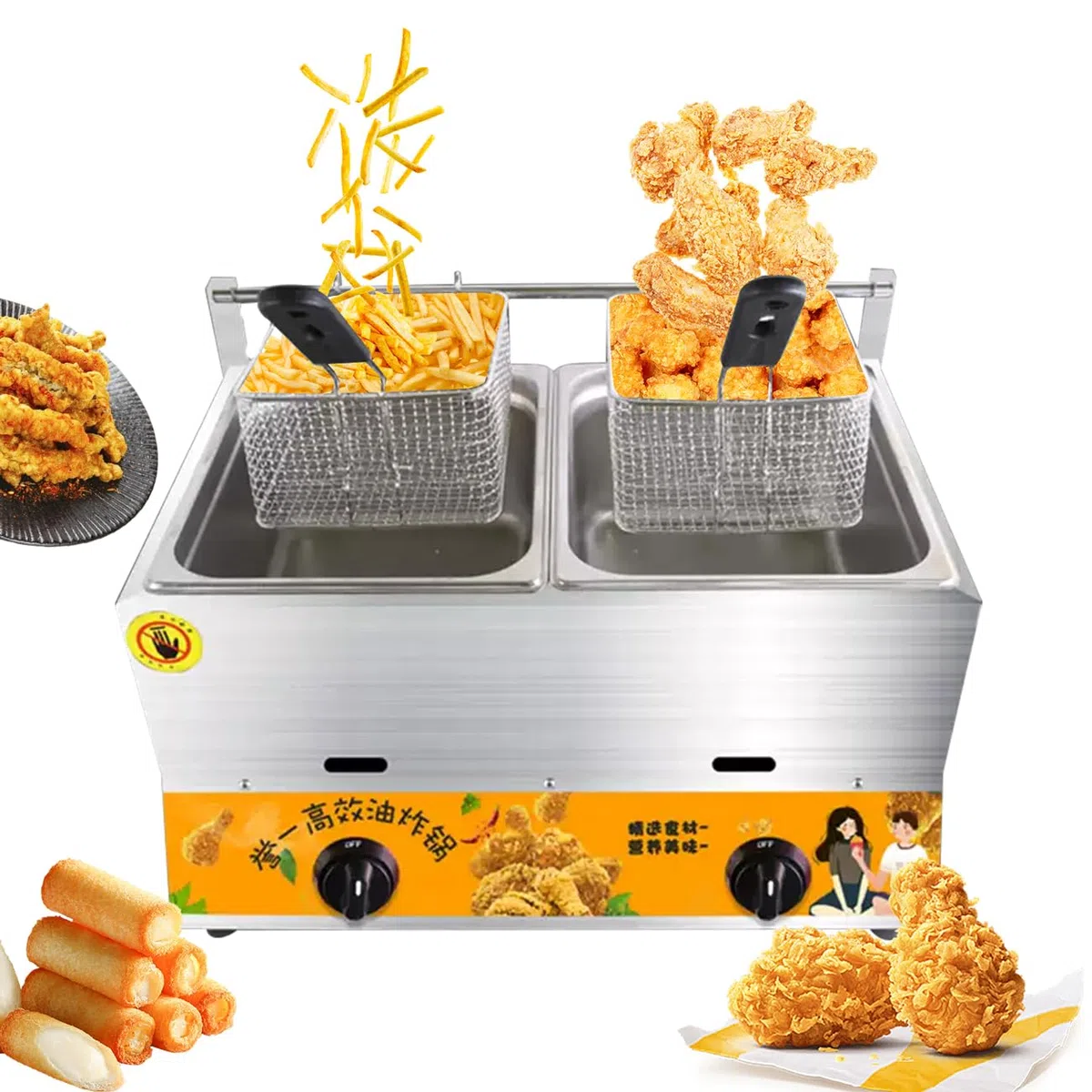 Freidora de gas comercial, cocina de acero inoxidable de alta capacidad para restaurantes, supermercados y soportes de comida rápida, equipo de cocina profesional
