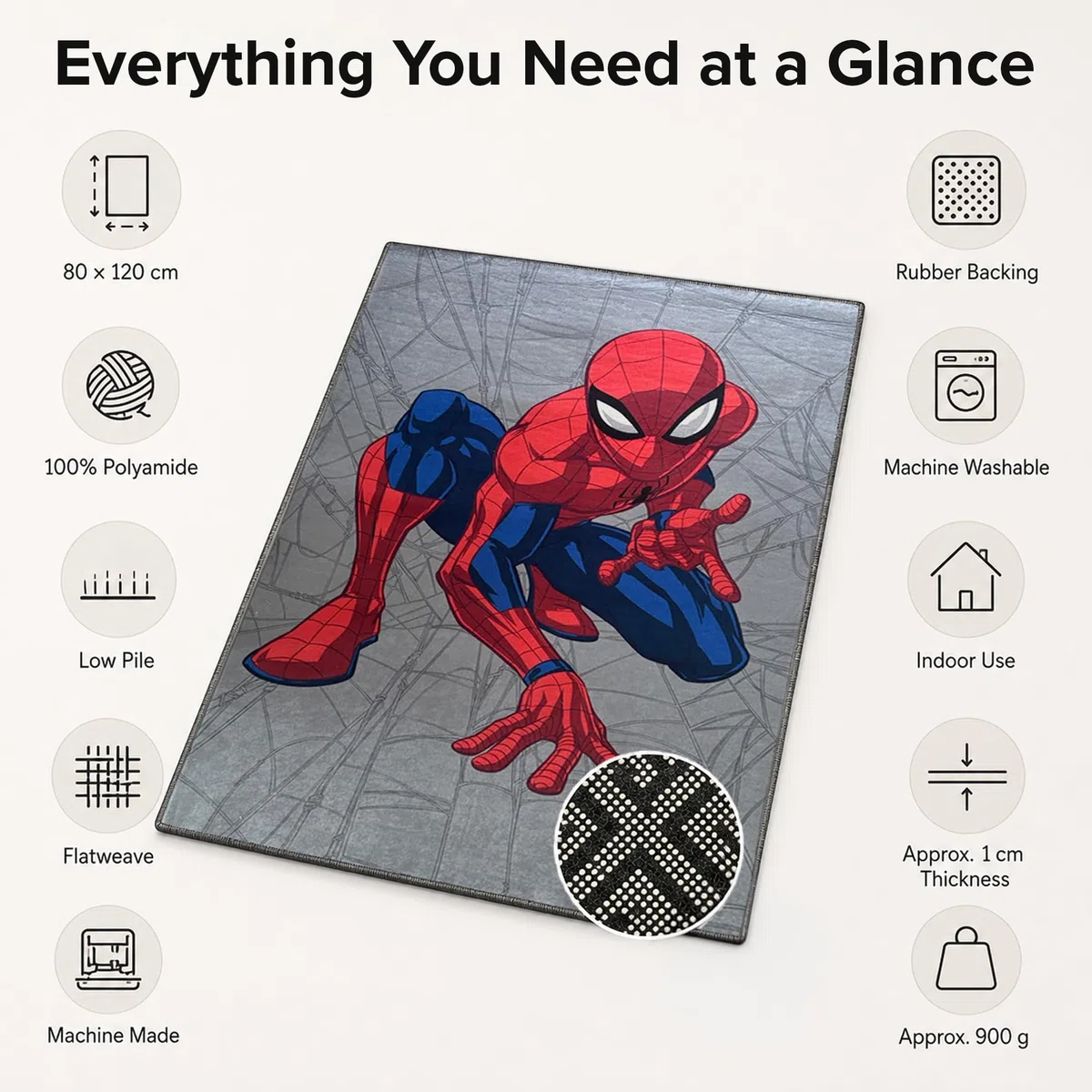 Disney Alfombra para niños con licencia oficial para niños, para habitación de niños, sala de juegos, antideslizante y lavable a máquina, alfombra de Disney Spiderman, 80 x 120 cm