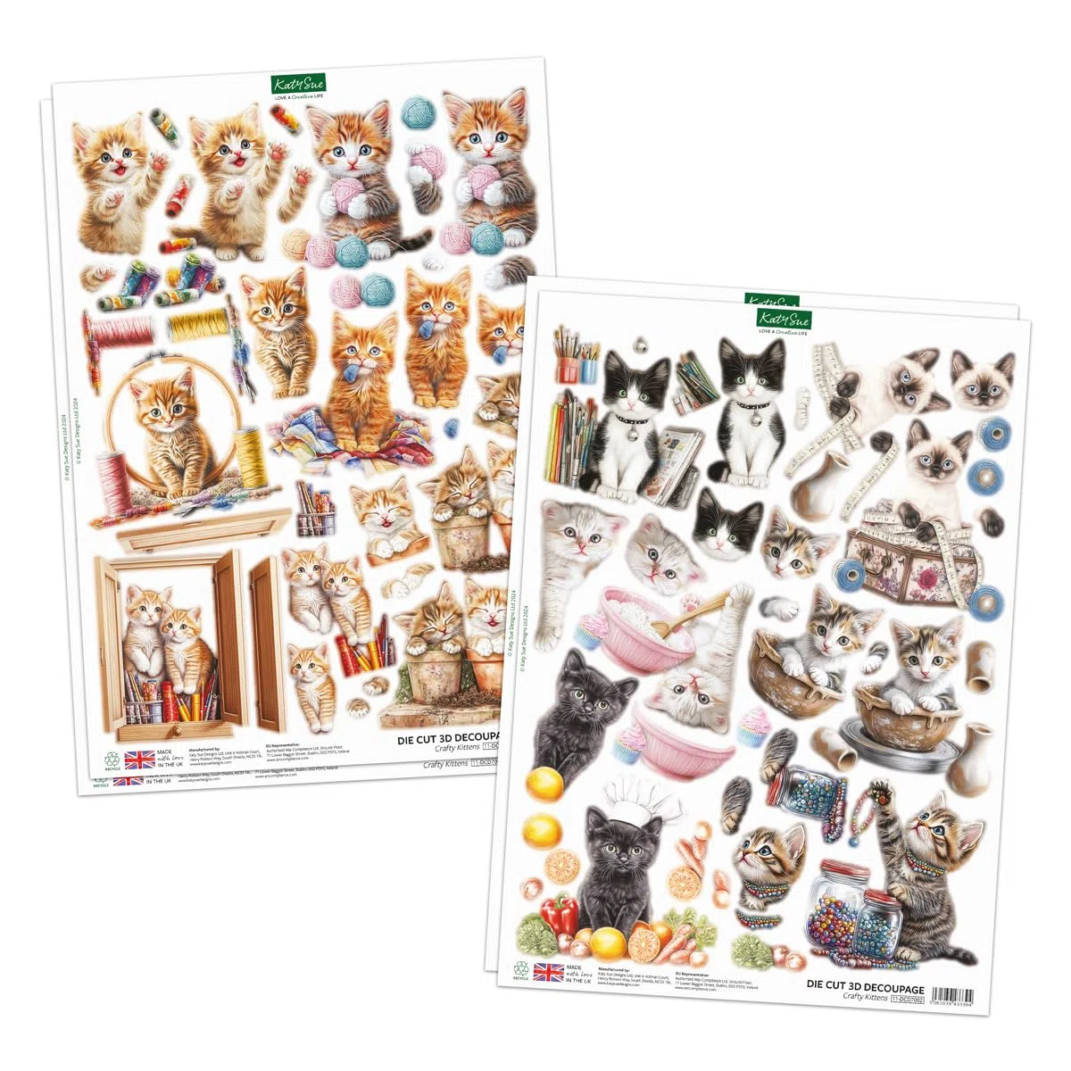 Katy Sue Crafty Kittens - Decoración de tarjetas troqueladas y colección de decoupage. 4 hojas de adornos de tarjetas con temática de gatitos y gatos y 4 hojas de decoupage troquelado a juego para