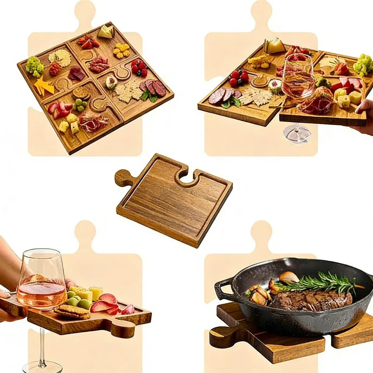 Tabla para Quesos Bandeja De Madera Para La Cocina | Set De Puzzle Para Tabla De Embutidos para Frutas Frutos Secos Queso Carne Pan Reuniones Familiares Navideñas