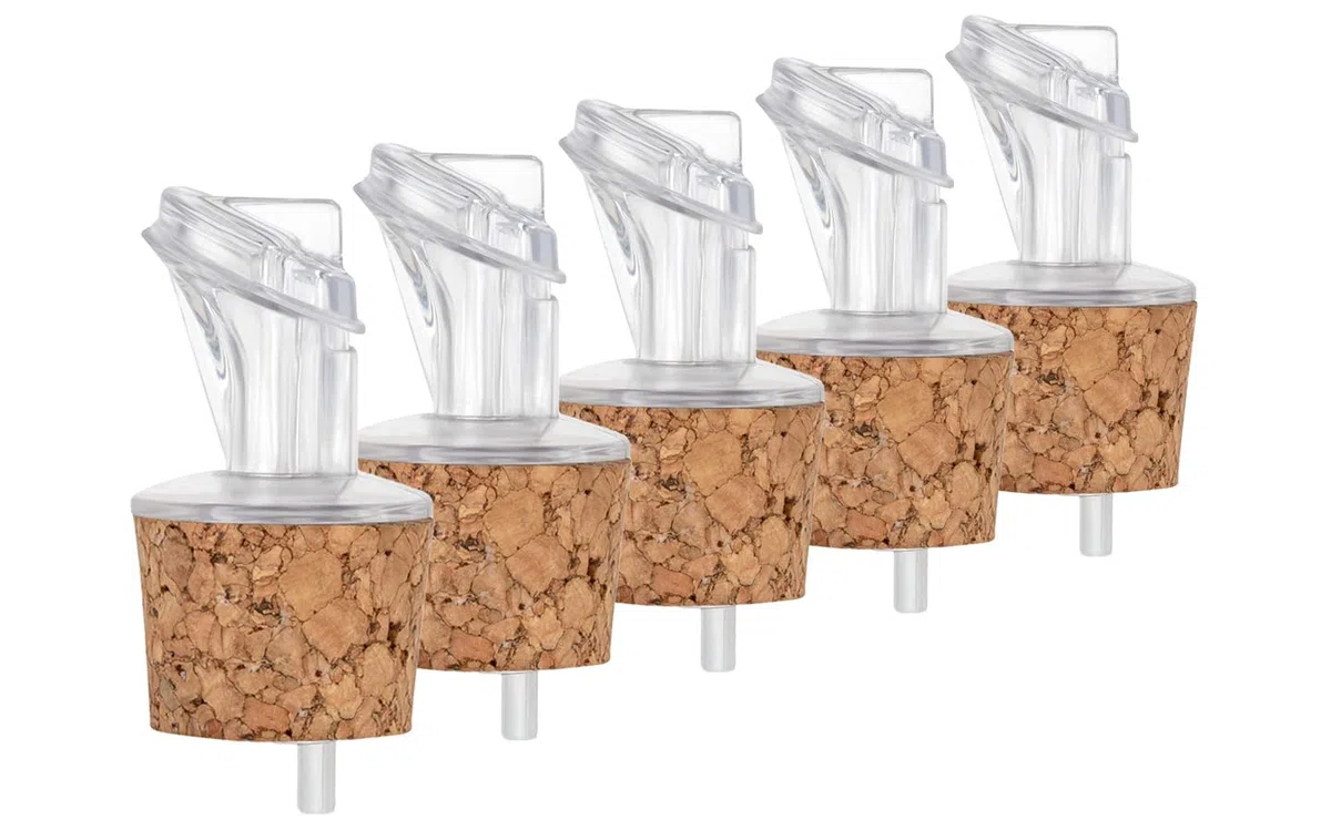 Paquete de 5 vertedores de plástico con corcho | ancho | adecuado para aceite, vinagre, licores o alcohol