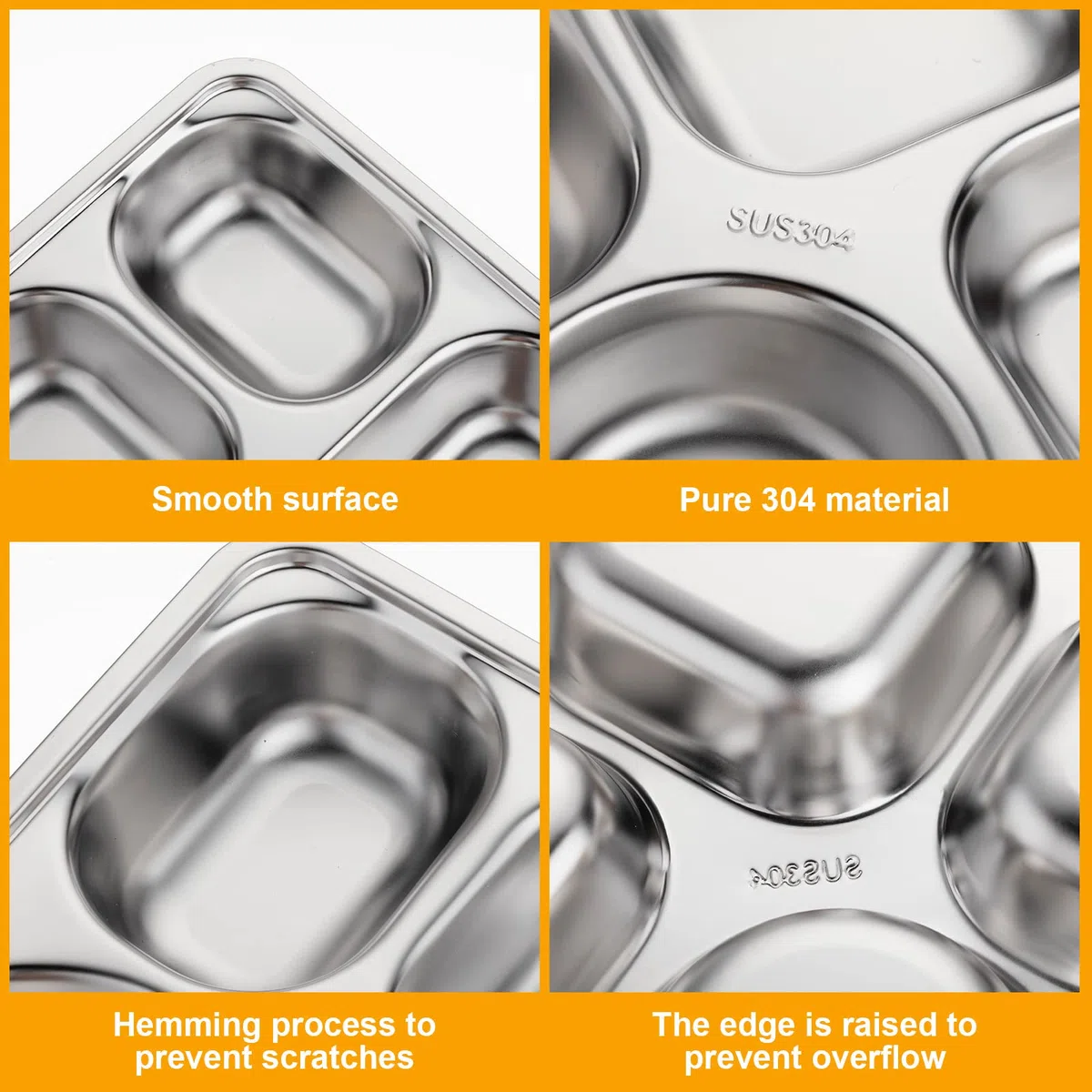 Foaincore Paquete de 8 platos divididos rectangulares de acero inoxidable con 5 compartimentos, bandeja de metal irrompible para almuerzo, cena, camping, calibre pesado