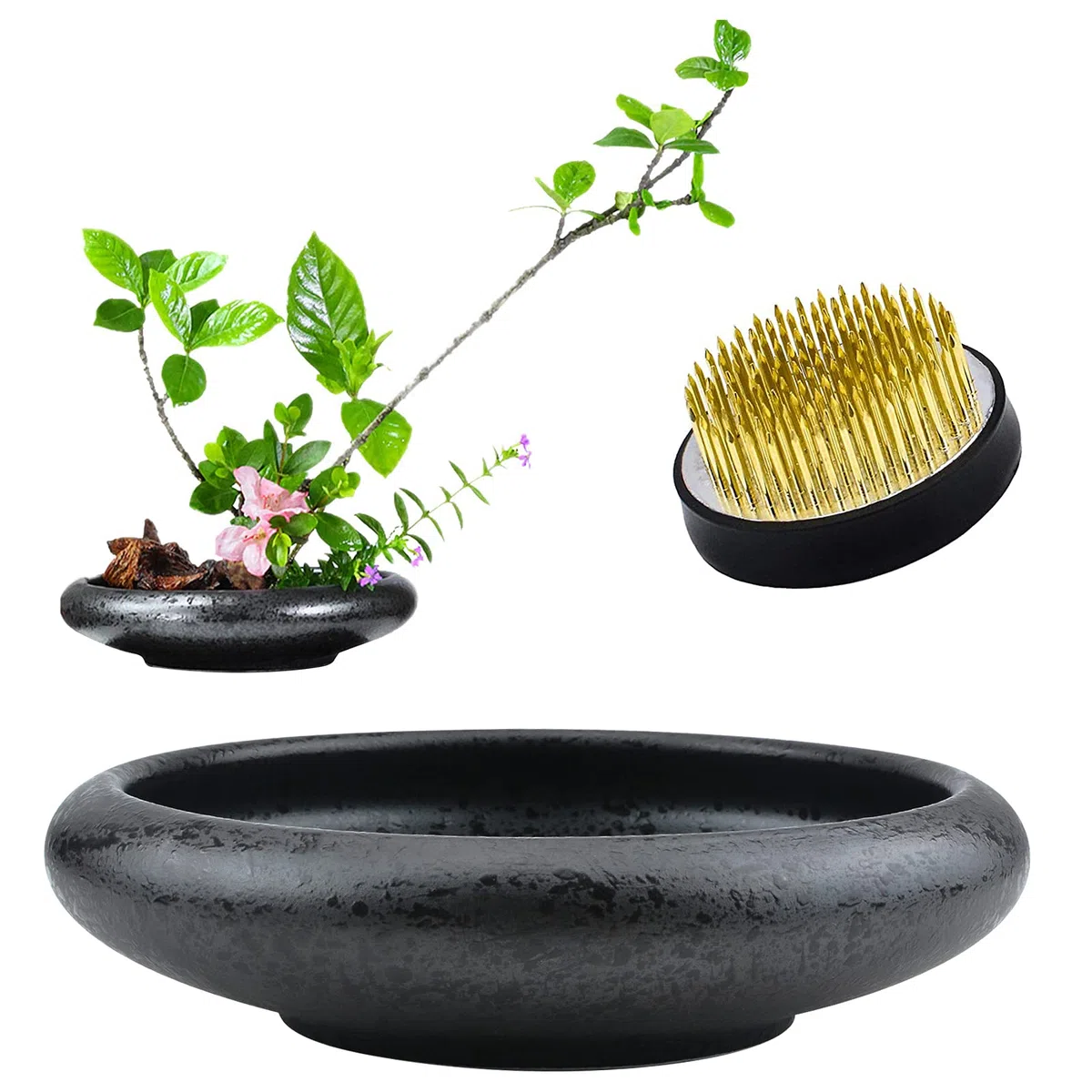 Suministros para arreglos florales CRAFFANCY, jarrón de cerámica ikebana profundo y redondo con ranita de flores Kenzan de 5 cm para arreglo floral y decoración del hogar, negro con manchas