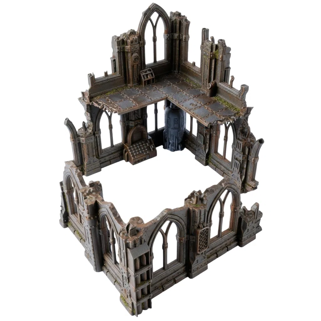 Serie Gothic Ruins - Set 2: Ruina bifurcada con secciones de dos pisos y una sola planta, escala de 28/32 mm
