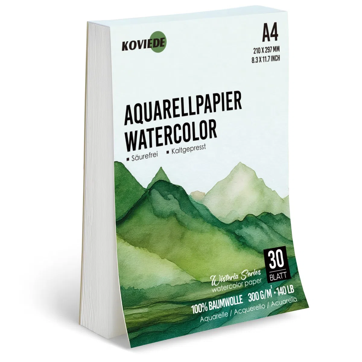 KOVIEDE Papel de acuarela 100% algodón A4, 30 hojas de 300 g/m², papel de acuarela para acuarelas, cuaderno de bocetos de acuarela, papel acuarela para estudiantes, principiantes, cuaderno de bocetos