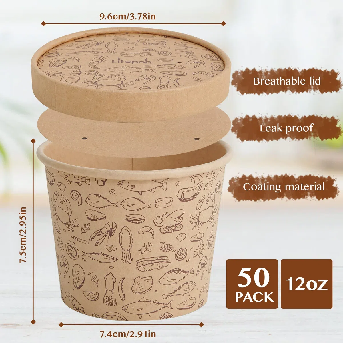 LITOPAK Paquete de 50 recipientes de papel de 12 onzas con tapas ventiladas, vasos de papel kraft para alimentos, recipientes de sopa con tapas, cuencos desechables para sopa caliente para almacenar