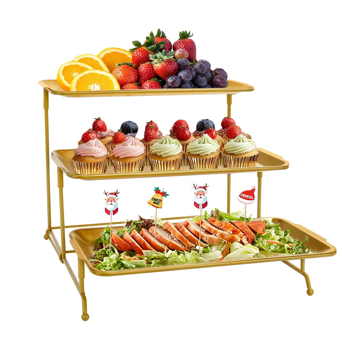 Bandejas 3 Pisos para Servir Comida, 32×16cm Bandejas Reutilizables con Soporte de exhibición de Metal Dorado para Alimentos, Tazón de Frutas en Bandeja para Verduras, Galletas, Postres