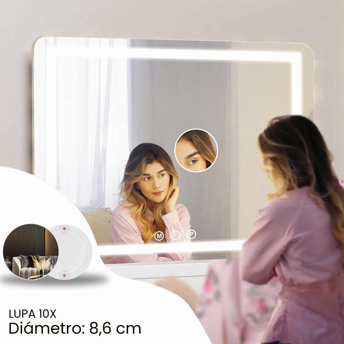 Espejo de Maquillaje con iluminación, Espejo de Hollywood con luz LED, Regulable, Espejo cosmético, 3 Modos, 50 x 40 cm, Espejo de Mesa con USB 10 aumentos, para Dormitorio y tocador