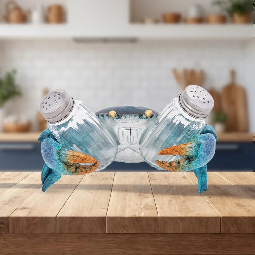 Juego de salero y pimentero en forma de cangrejo, figura decorativa azul para cocina, mesa de comedor, accesorios náuticos y decoración costera