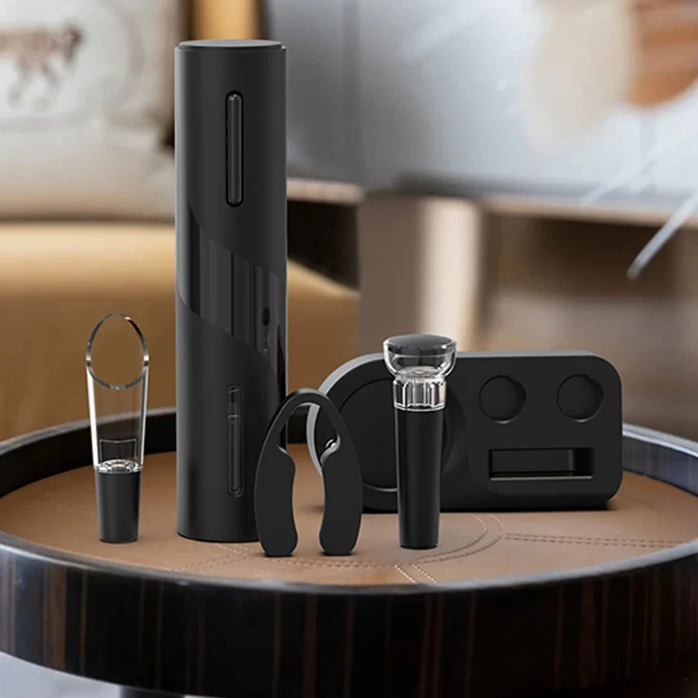 Sacacorchos Eléctrico, USB Recargable Abridor de Vino Automatico Profesional 6 en 1 con Base, Cortacapsulas Botella, Vertedor de Vino, Tapón de Vino de Vacío