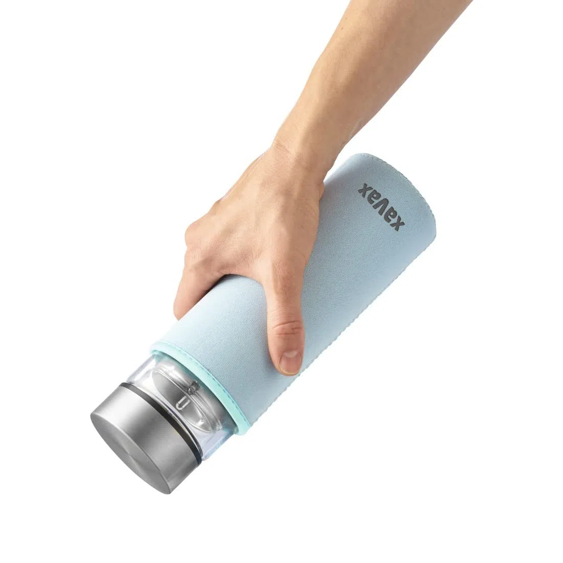 Xavax | Botella de cristal de 450ml con funda protectora (Mantiene la temperatura 2h, Con un colador de té, Hermético, Apto para bebidas carbonatadas y para alimentos), Transparente