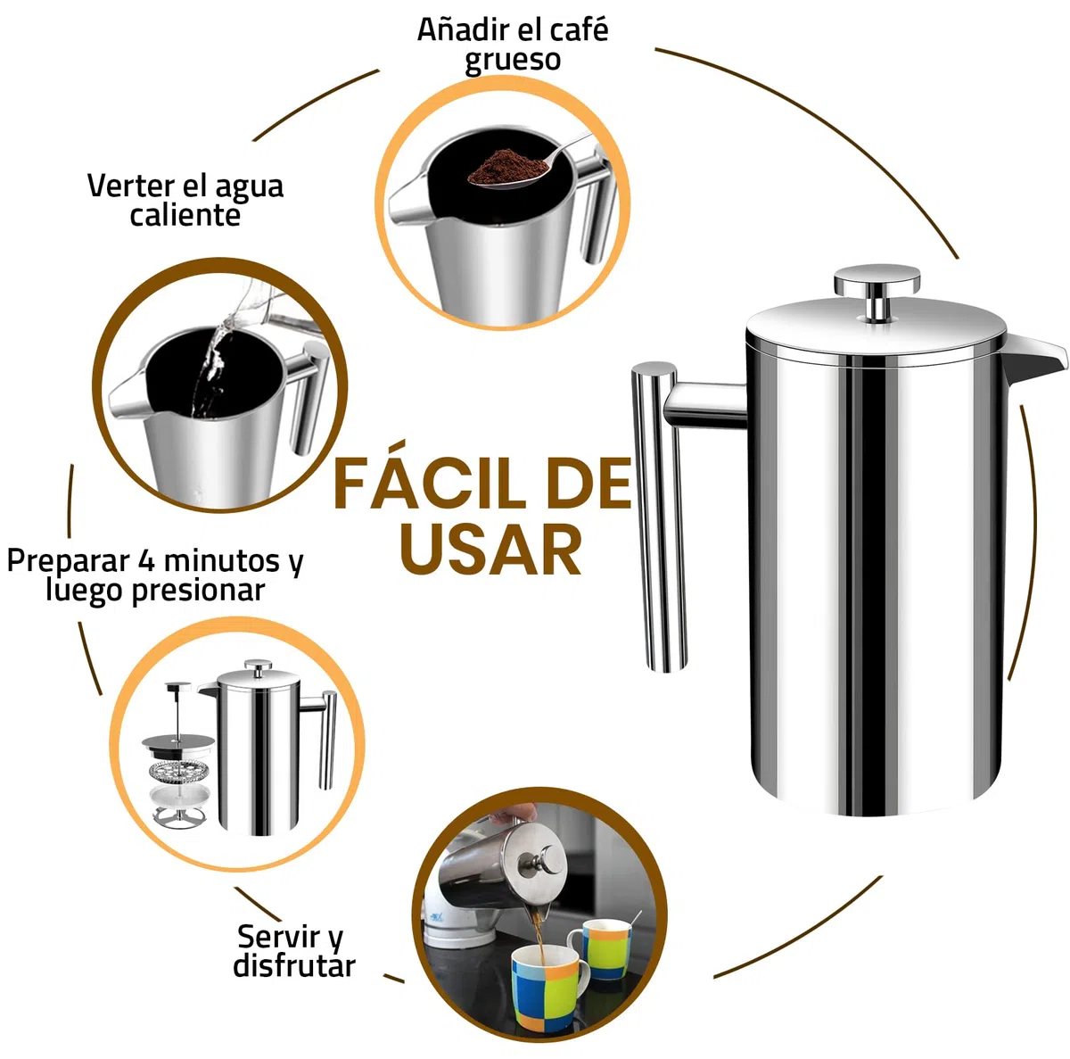 KICHLY Cafetiere Cafetera de prensa francesa de acero inoxidable de 8 tazas, prensa de café con sistema de filtración de 3 niveles, cafetera aislada de doble pared con 1 filtro adicional - 1000 ml -
