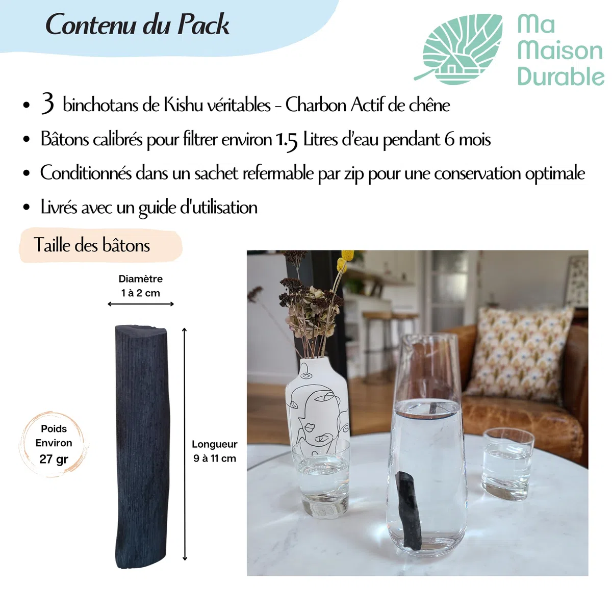 Filtro de agua de carbón activado | Palos japoneses de Binchotan X3 | Kishu Binchotan genuino | Carbón de roble de Wakayama| Filtro purificador de agua grifo 100% natural