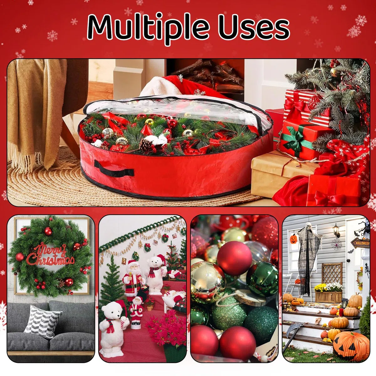 Pwsap 2 Paquetes Bolsa de Almacenamiento de Coronas Navideñas - 24 Pulgadas, Estuches de Guirnaldas de Coronas Navideñas Material Impermeable y Duradero con Cremallera Adornos Navideños, Rojo