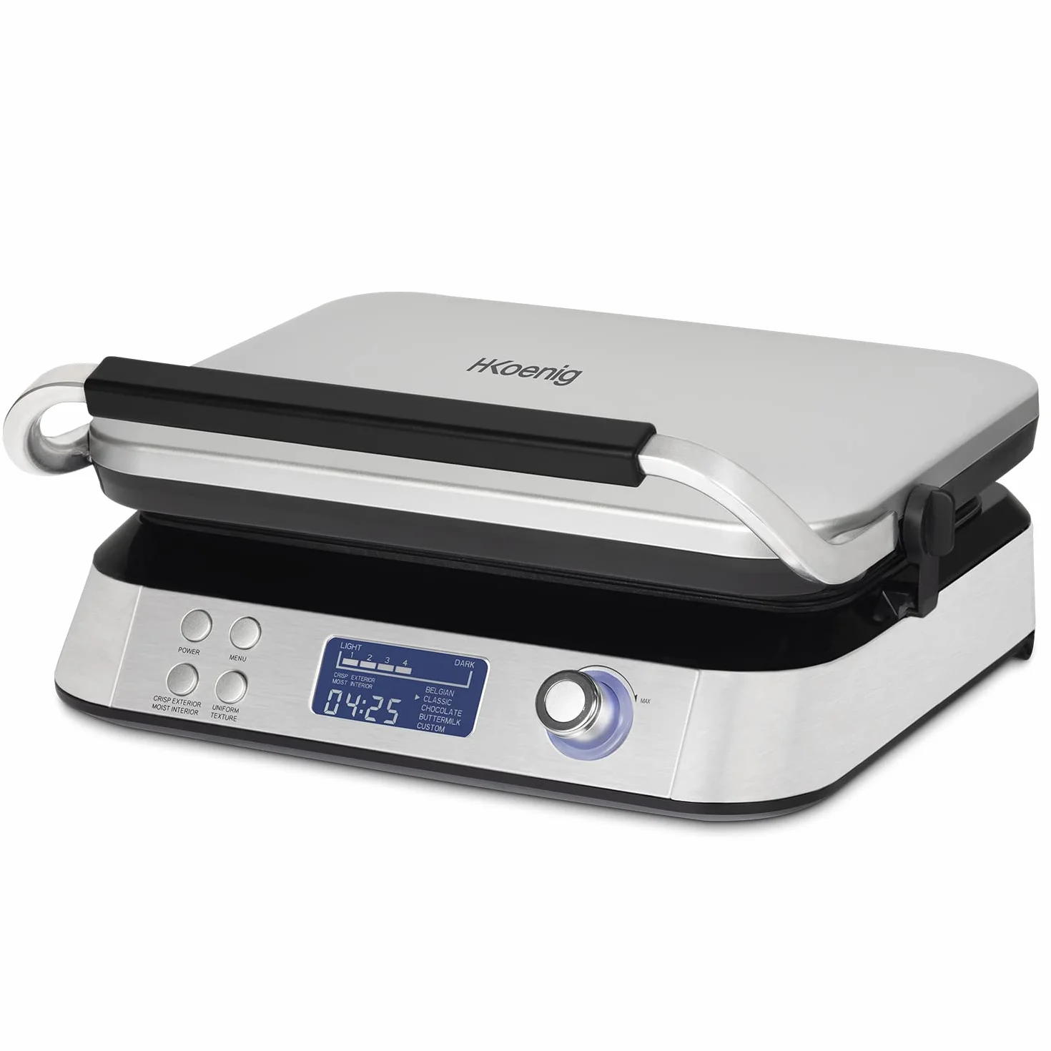 HKoenig GFX800 Gofrera Electrica Programable, Coccion Homogenea, 2 Gofres, LCD Display, 5 Programas, 7 Niveles de Dorado, 1600W