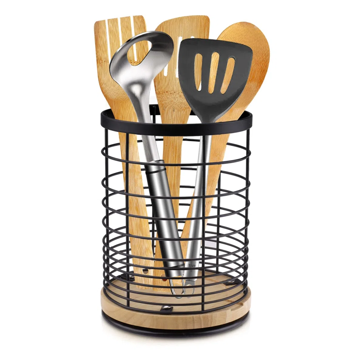 Giratorio Soporte para Utensilios de Cocina Redondo Organizador de Utensilios de Acero Inoxidable con Base de Madera Grande Escurre Cubiertos de Cocina, 13.5 x 13.5 x 18.5 cm (Negro)