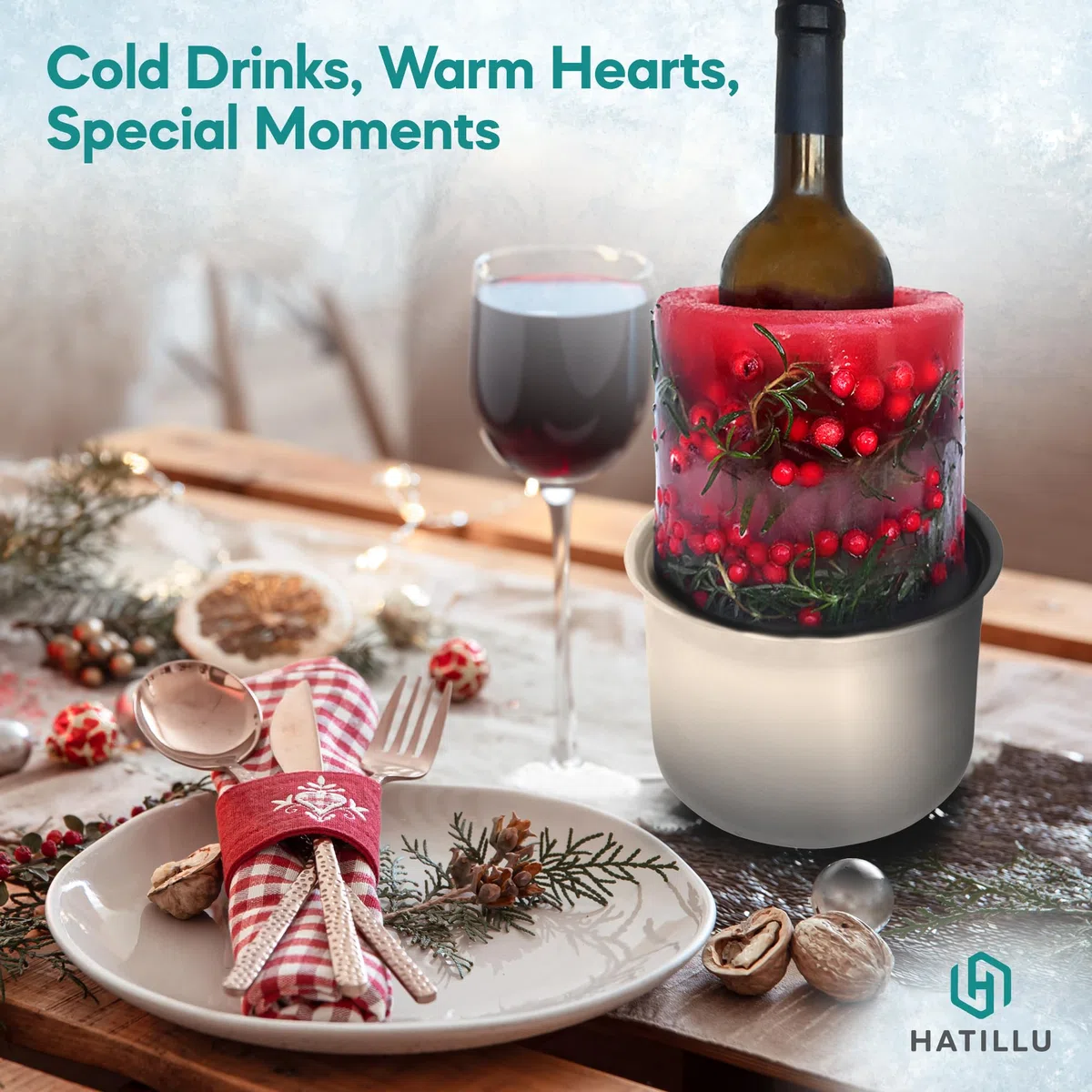 Molde de Hielo para Enfriar Botellas de Vino, Cubeta Enfriador de Champán, Personalizable con Flores y Frutas, Centro de Mesa Único para Fiesta y Celebraciones, con 12 Marcadores de Copas