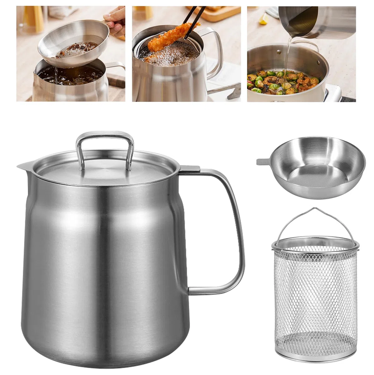 Recipiente para grasa de acero inoxidable, 2 litros, recipiente para grasa con tapa y colador, 2 en 1, recipiente para grasa con filtro de malla fina, recipiente para aceite, caja de grasa