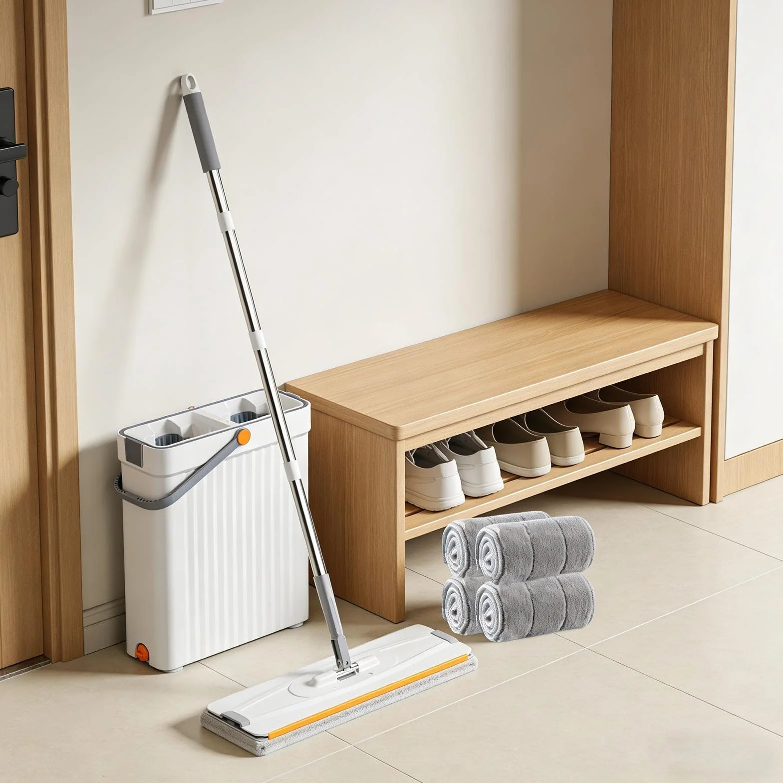 Juego de Fregona y Cubo Utensilio De Limpieza Doméstico Húmedo Y Seco con 4 | Limpiador De Suelos Y Balde Para la Limpieza de Mármol Baño Sala de Estar Ventana y Dormitorio en
