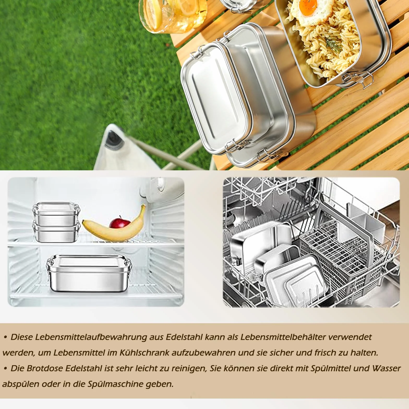 Juego de 4 cajas de acero inoxidable 304 para alimentos, ensaladas y comidas restantes, a prueba de fugas, de acero inoxidable grande (550 x 2/850/1400 ml)