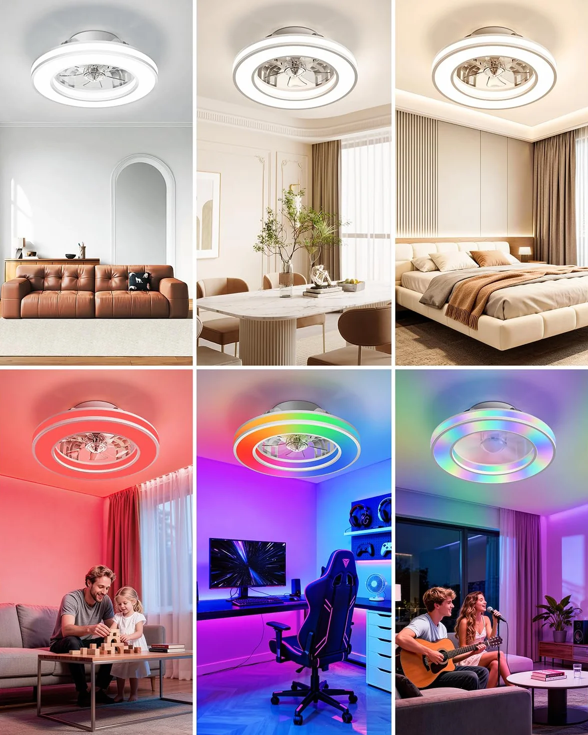 Ventilador de Techo con luz, Motor DC Silencioso Lampara Ventilador Techo RGB Regulable 3000K-6500K, 6 Velocidades Mando a Distancia Moderno Ventiladores para Dormitorio, Salon, Cocina, Ø42CM