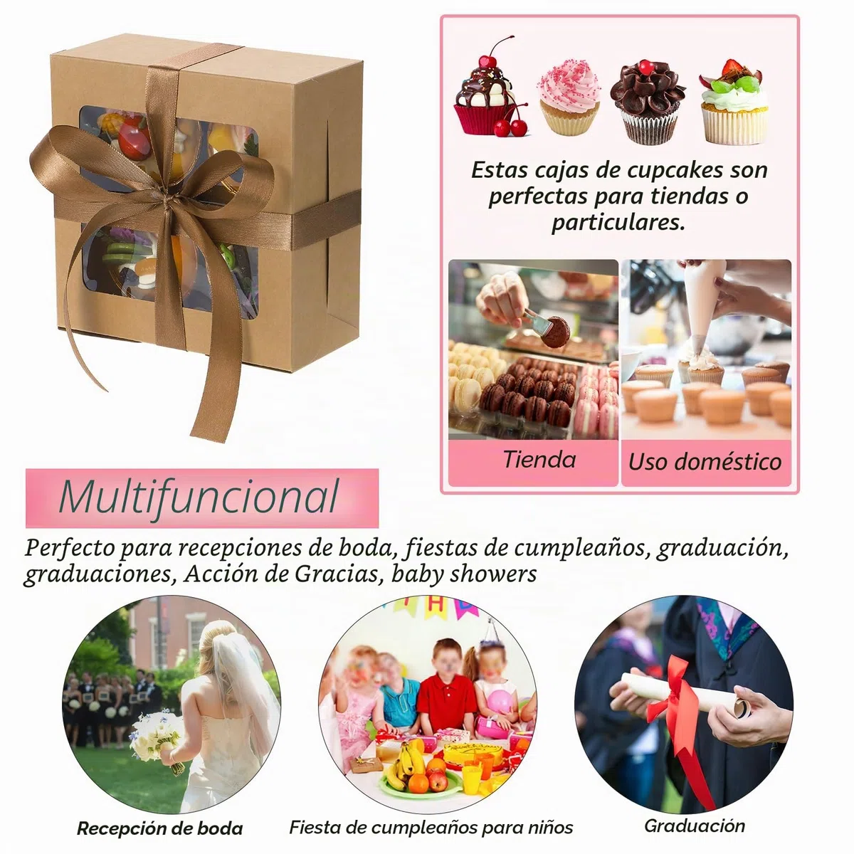Coolty 30pcs Cajas para Tartas 4 Agujeros Cajas Cupcakes Cajas de Cartón para Embalaje Panadería Pastelería Cajas para Galletas Magdalenas Cupcakes Postres Tartas(Marrón)