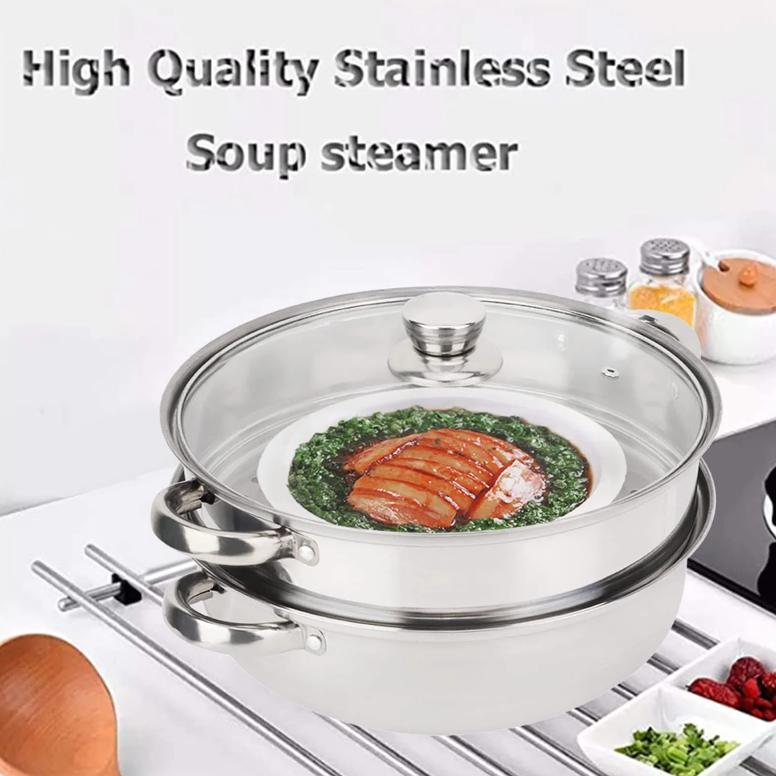 Olla de vapor de acero inoxidable de 2 capas para cocinar sopa al vapor y más, diseño de ahorro de energía de 27 cm con material de grado alimenticio, compartimento poroso para vapor y tapa de vidrio